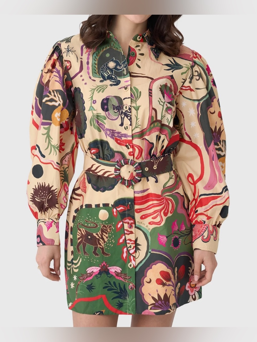 FARM Rio Multicolor Printed Belted Balloon Sleeve Shirt Dress - Size XS NWT